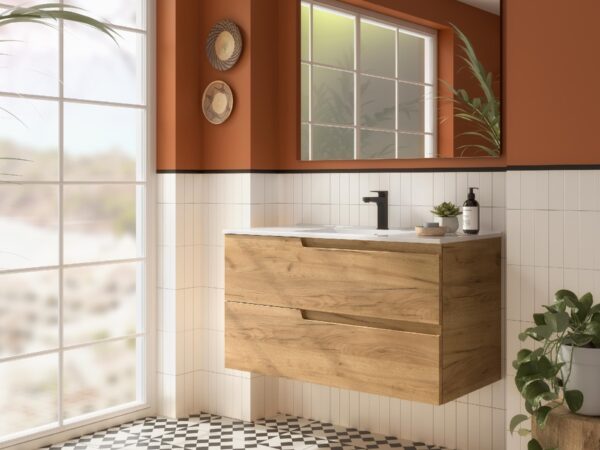 Conjunto mueble de baño de 2 cajones 100 cm VIMA roble + lavabo Iberia