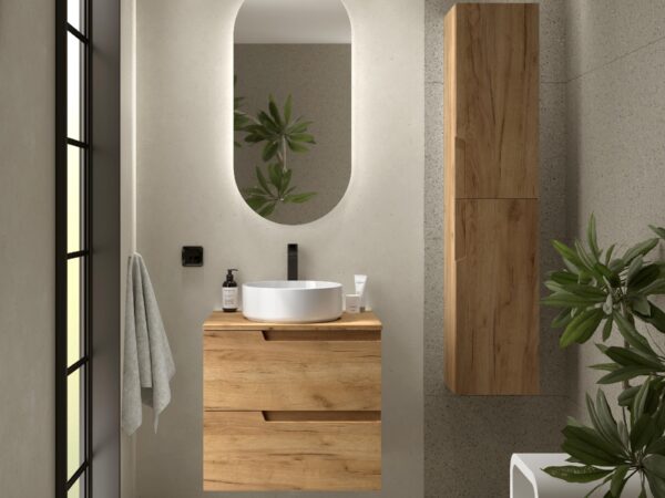 Conjunto mueble de baño de 2 cajones 60 cm VIMA roble + Encimera roble de Salgar