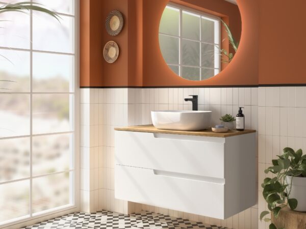 Conjunto mueble de baño de 2 cajones 80 cm VIMA blanco + Encimera roble de Salgar