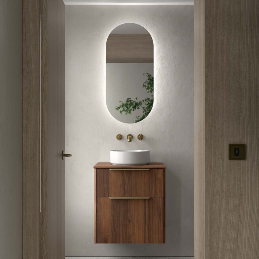 Conjunto LUVA de 2 cajones 60 cm Nogal maya + encimera y lavabo Kanay de Salgar