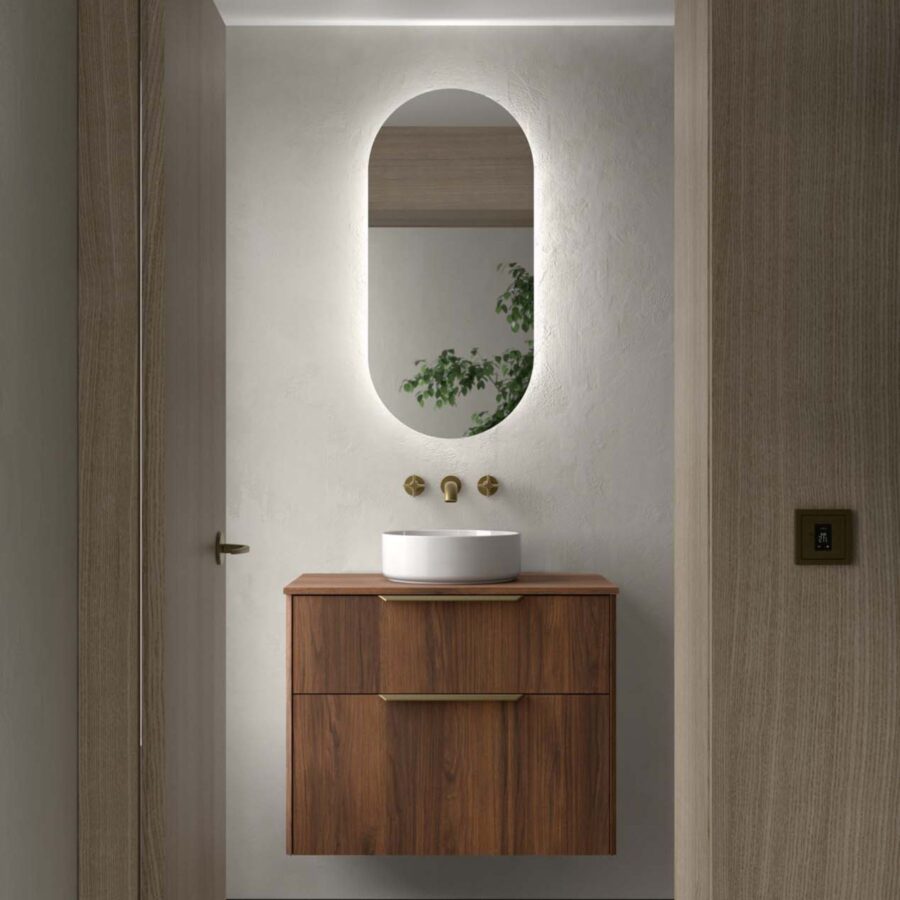 Conjunto LUVA de 2 cajones 80 cm Nogal maya + encimera y lavabo Kanay de Salgar