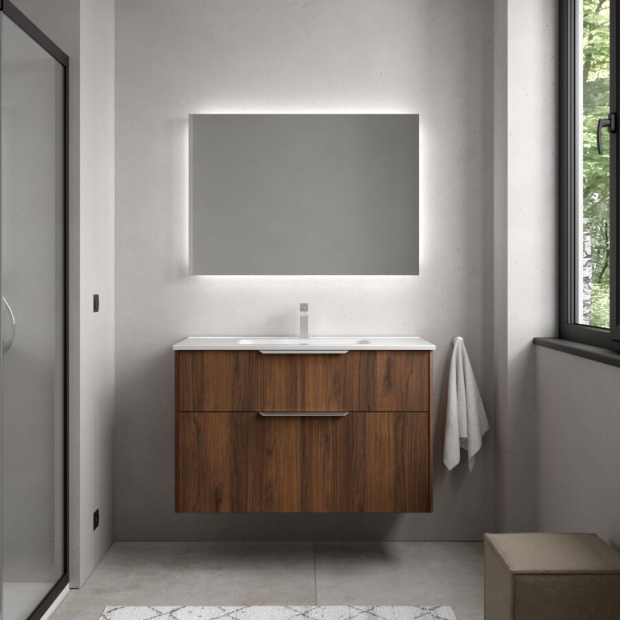 Conjunto LUVA de 2 cajones 100 cm Nogal maya + lavabo Ibon de Salgar