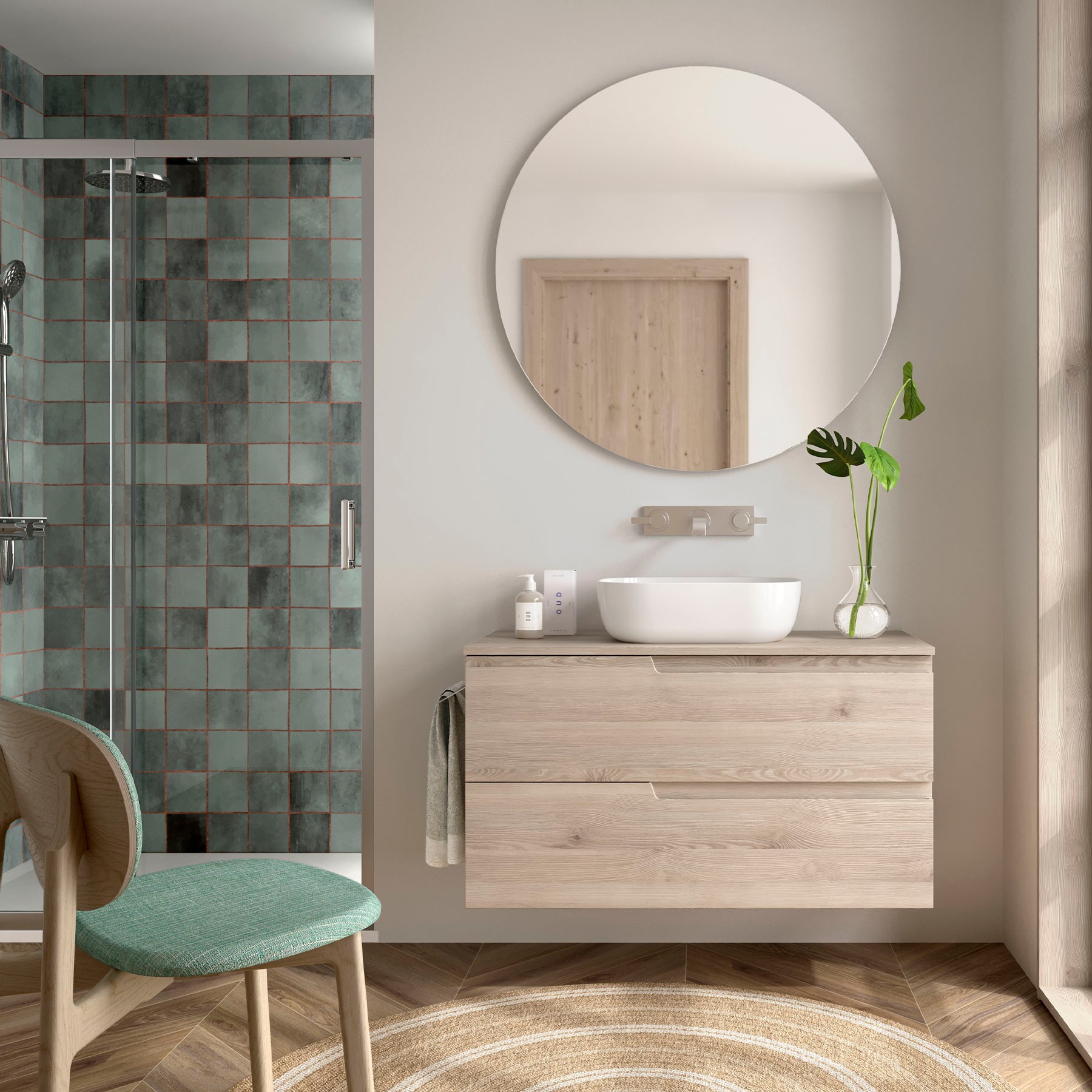 Conjunto mueble de baño de 2 cajones 100 cm NATURAL + encimera de Salgar