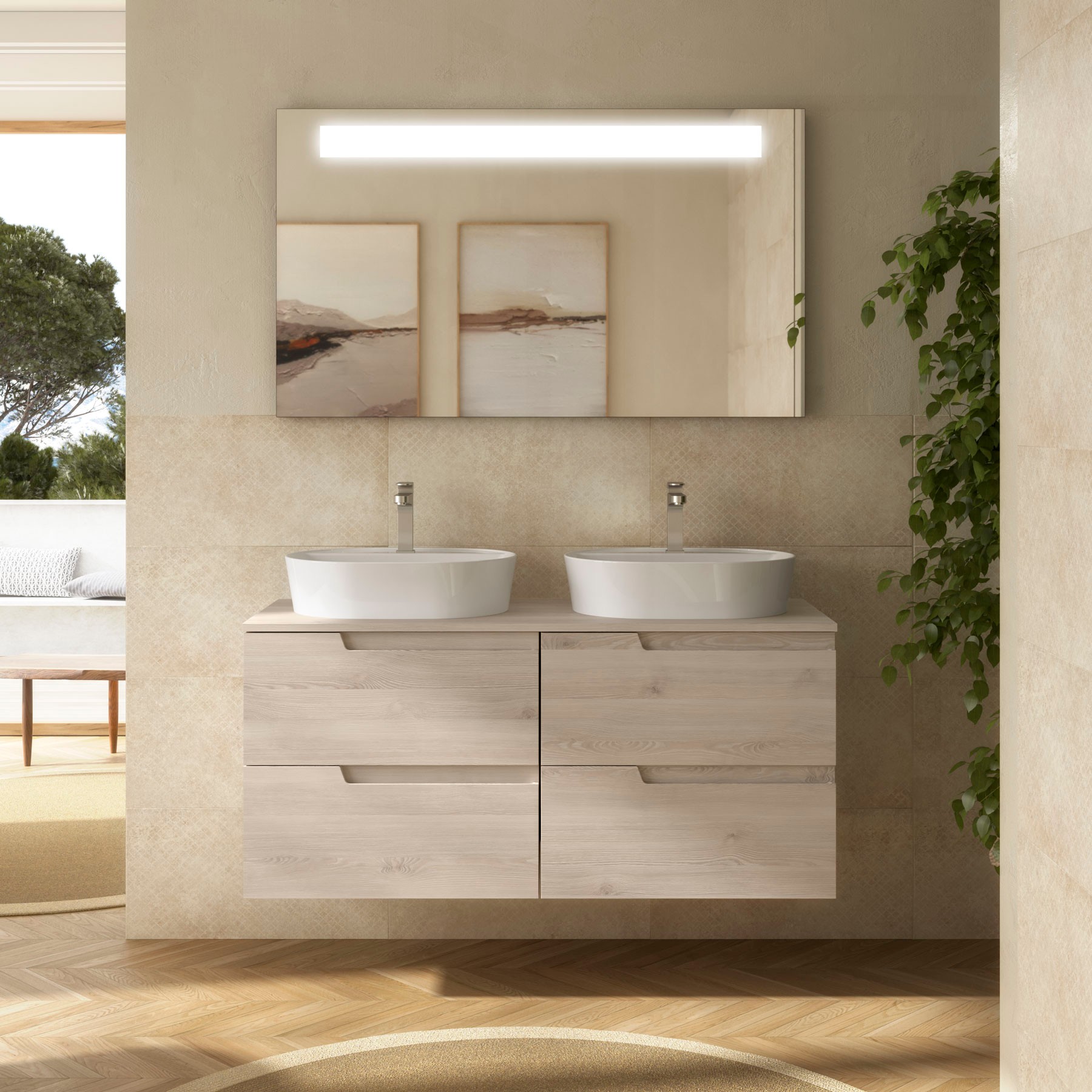 Conjunto mueble de baño de 4 cajones 120 cm Natural + encimera de Salgar