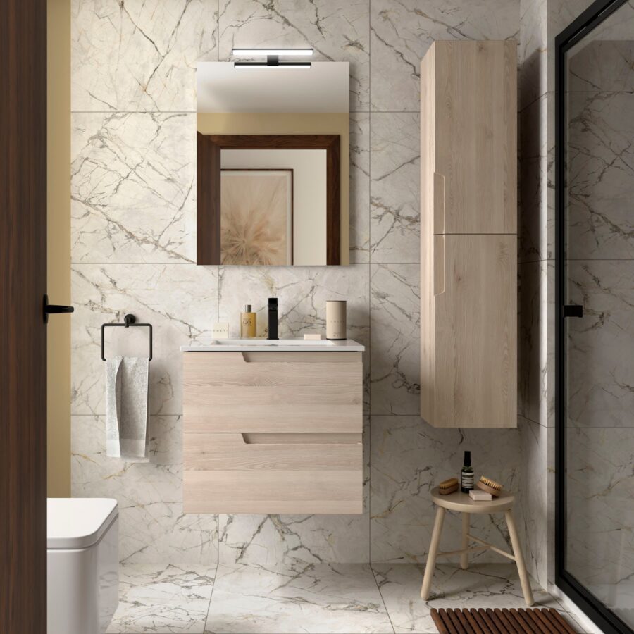 Conjunto mueble de baño de 2 cajones 60 cm VIMA natural + lavabo Iberia