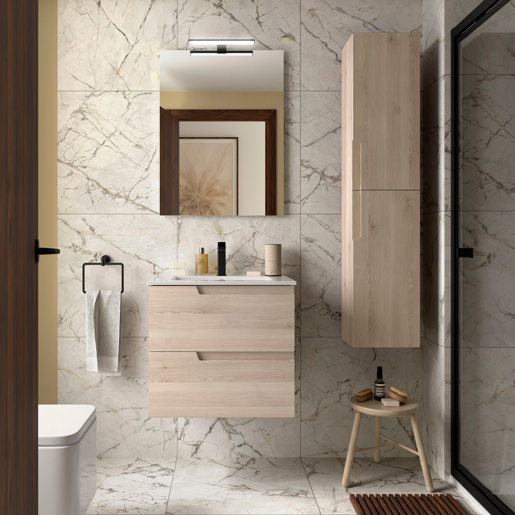 Conjunto mueble de baño de 2 cajones 60 cm VIMA natural + lavabo Iberia