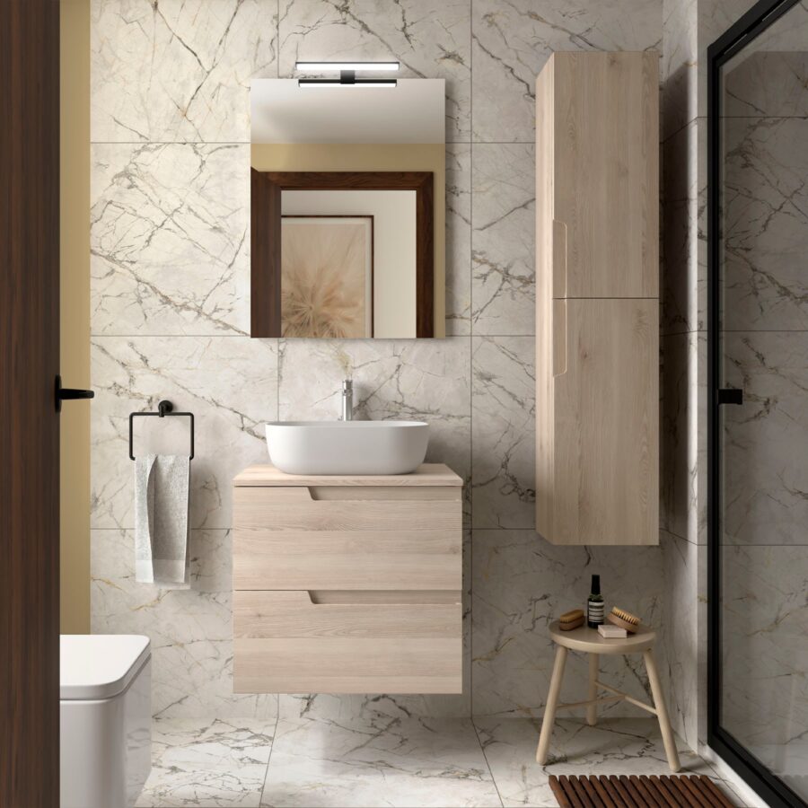 Conjunto mueble de baño de 2 cajones 60 cm NATURAL + encimera de Salgar