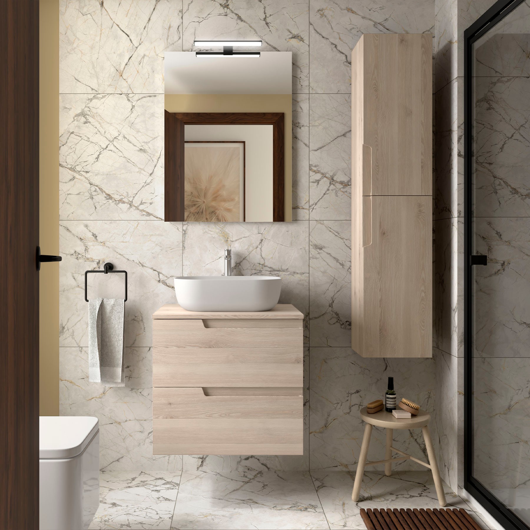 Conjunto mueble de baño de 2 cajones 60 cm NATURAL + encimera de Salgar