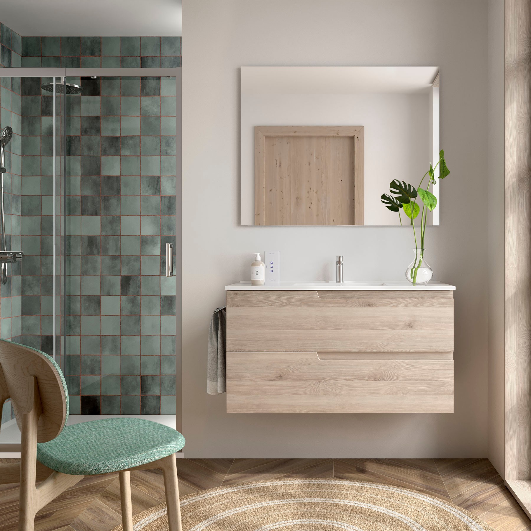Conjunto mueble de baño de 2 cajones 100 cm VIMA Natural + lavabo Iberia