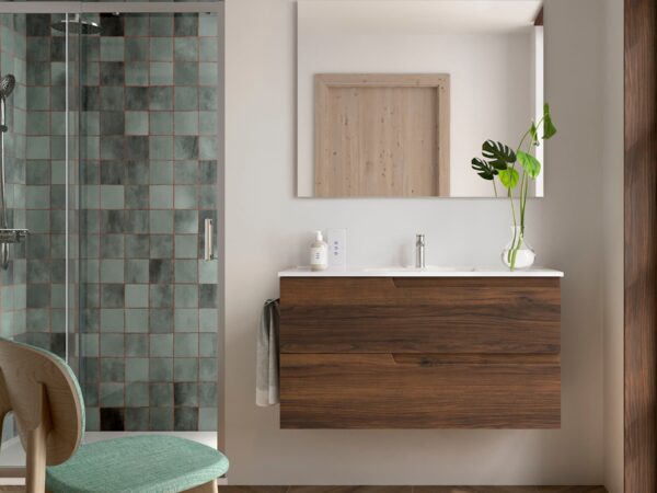 Conjunto mueble de baño de 2 cajones 100 cm VIMA Nogal Maya + lavabo Iberia