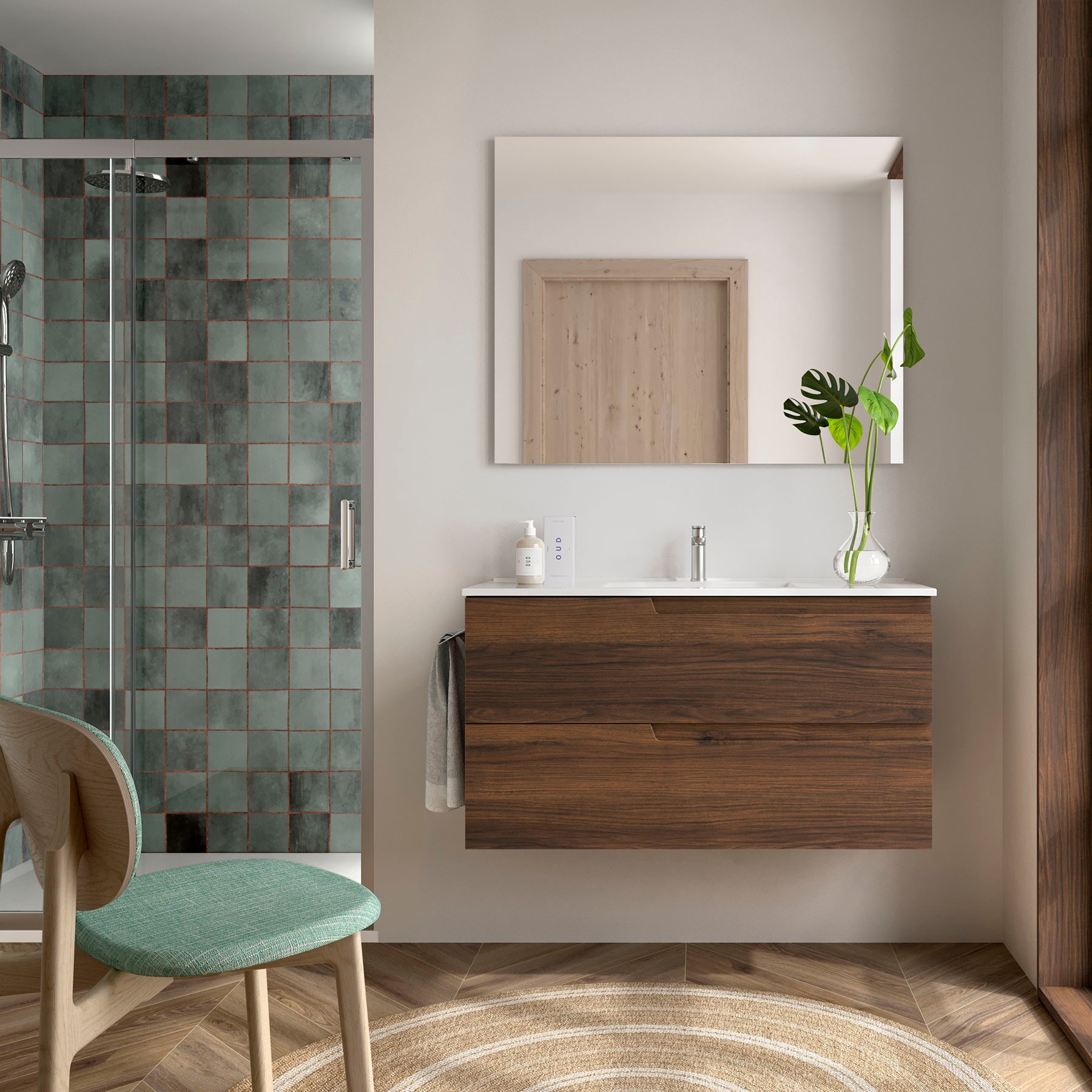 Conjunto mueble de baño de 2 cajones 100 cm VIMA Nogal Maya + lavabo Iberia