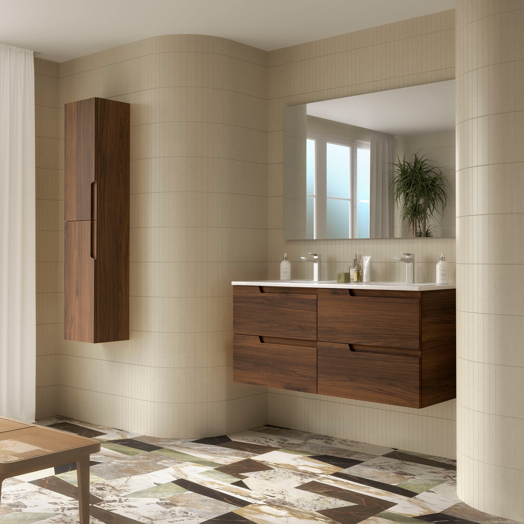 Conjunto mueble de baño de 4 cajones 120 cm VIMA nogal maya + lavabo Iberia