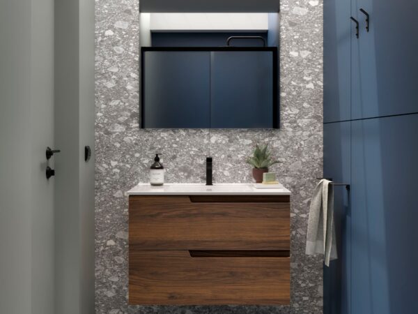 Conjunto mueble de baño de 2 cajones 80 cm VIMA Nogal Maya + lavabo Iberia