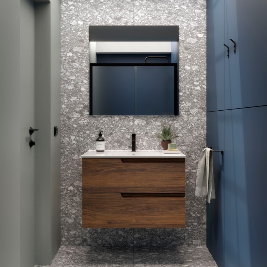Conjunto mueble de baño de 2 cajones 80 cm VIMA Nogal Maya + lavabo Iberia