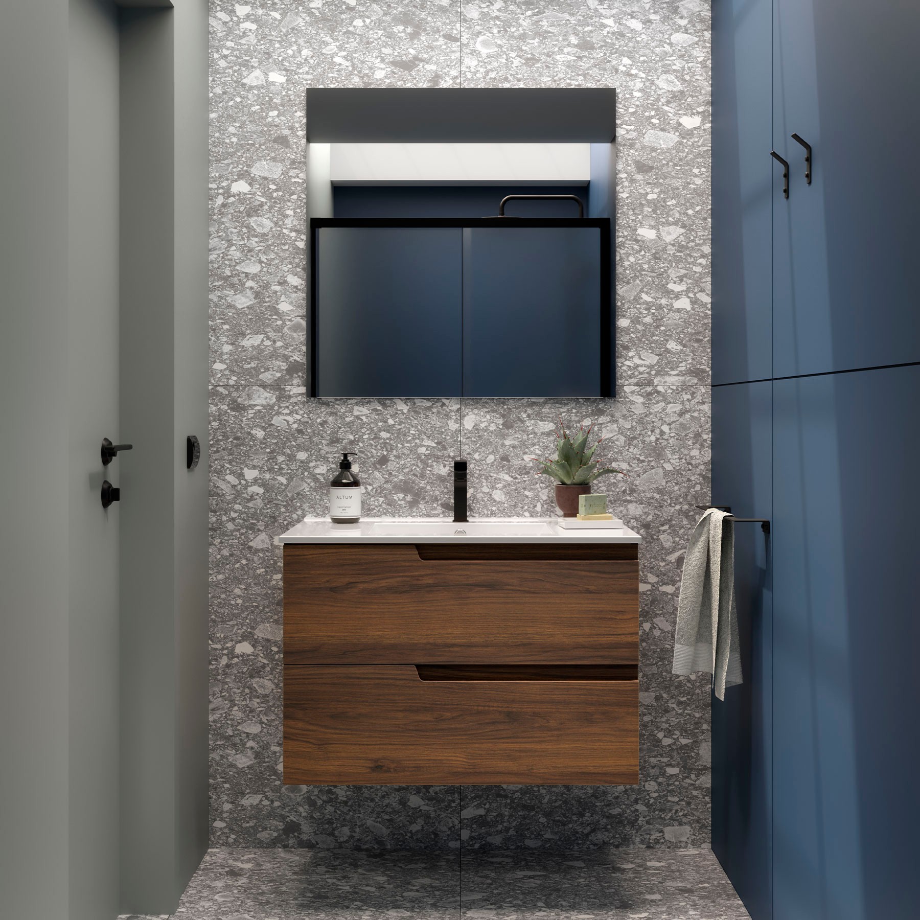 Conjunto mueble de baño de 2 cajones 80 cm VIMA Nogal Maya + lavabo Iberia