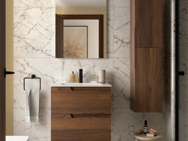 Conjunto mueble de baño de 2 cajones 60 cm VIMA nogal maya + lavabo Iberia