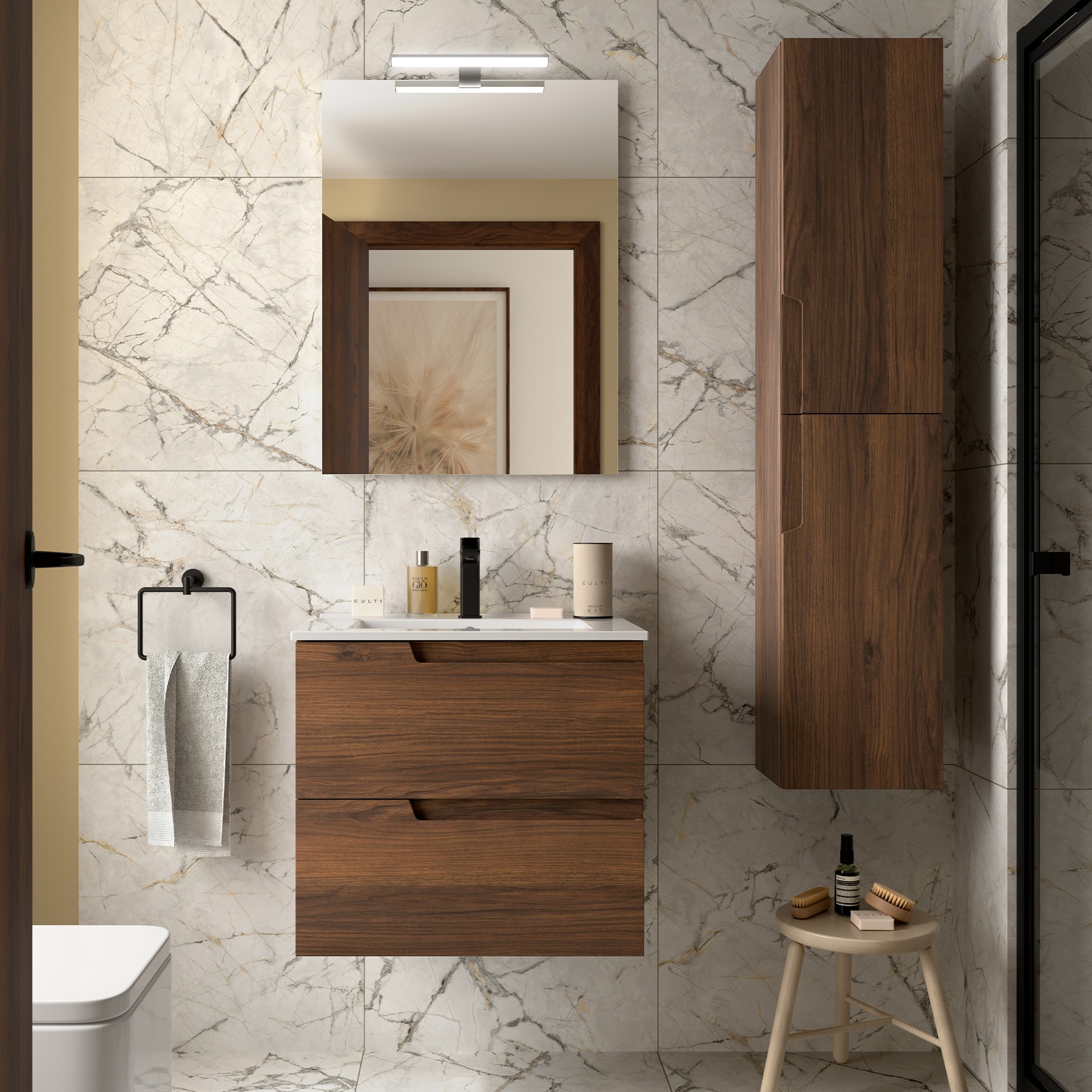 Conjunto mueble de baño de 2 cajones 60 cm VIMA nogal maya + lavabo Iberia