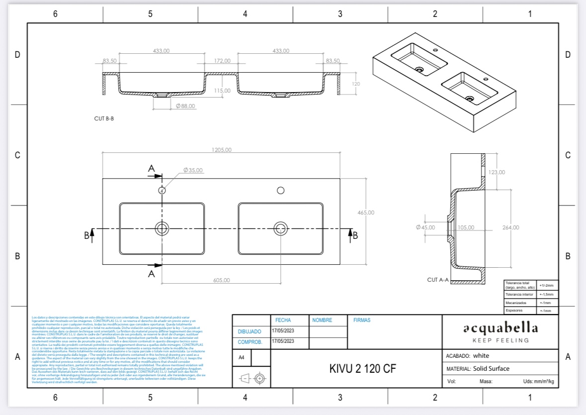 Encimera Solid Surface 120 cm KIVU de Acquabella - Imagen 5